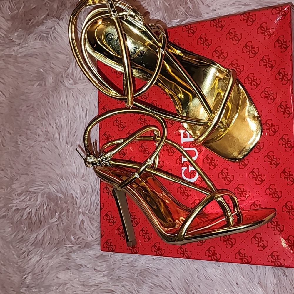 Gold strappy, ankle wrap, thong heel sandals